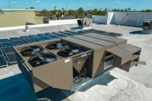 Commercial rooftop unit showing an HVAC economizer system used to improve energy efficiency and reduce cooling costs
