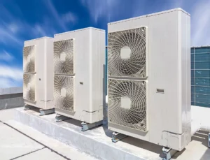 VRF HVAC system outdoor units installed on a commercial rooftop