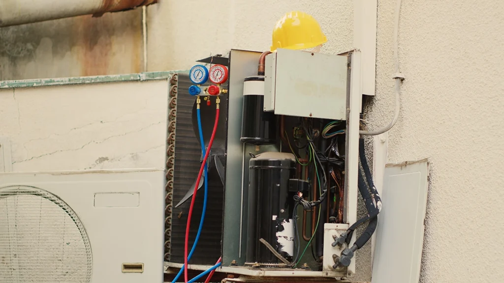 HVAC technician inspecting the parts of an air conditioner, including the compressor, condenser coil, wiring, and refrigerant lines